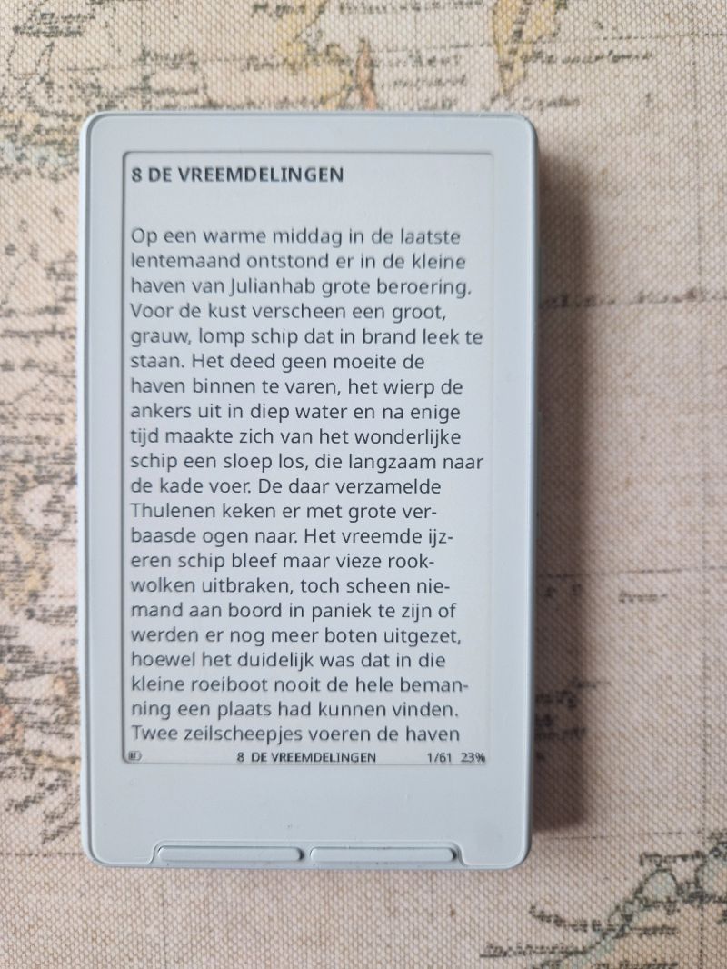 The e-reader screen showing a full page of text — clean and readable
